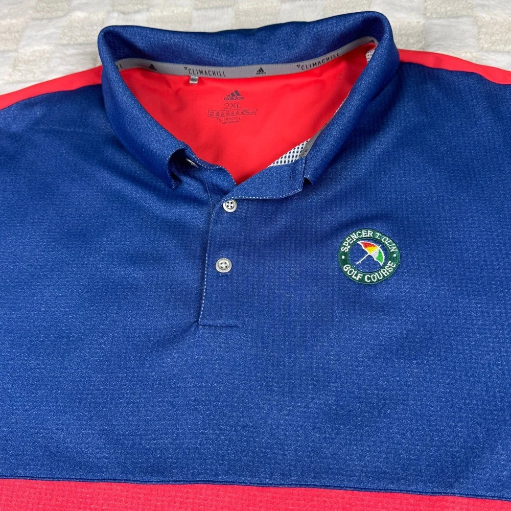 Adidas‎ Golf Polo Shirt 2XL Spencer T. Olin Course ClimaChill Blue Red